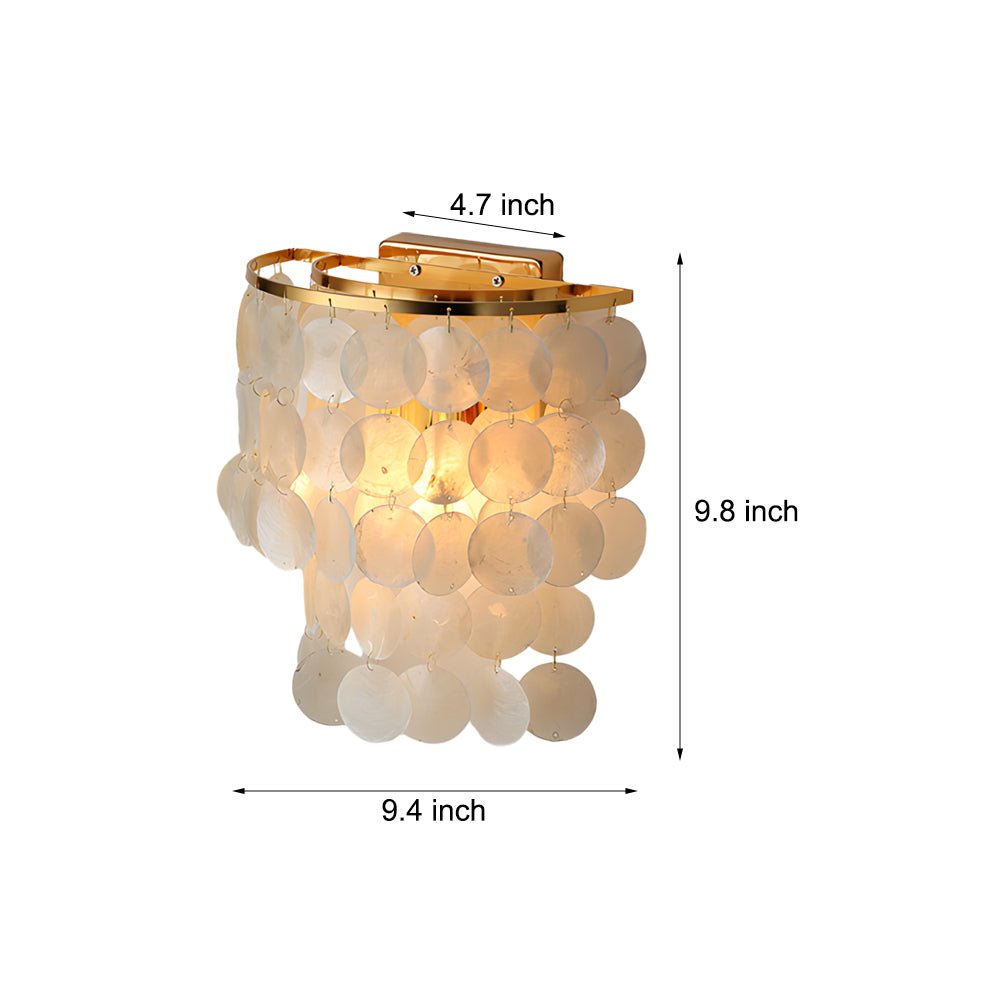 led metallic wall sconce with goldchrome finish and coastal capiz shell for bedside lighting