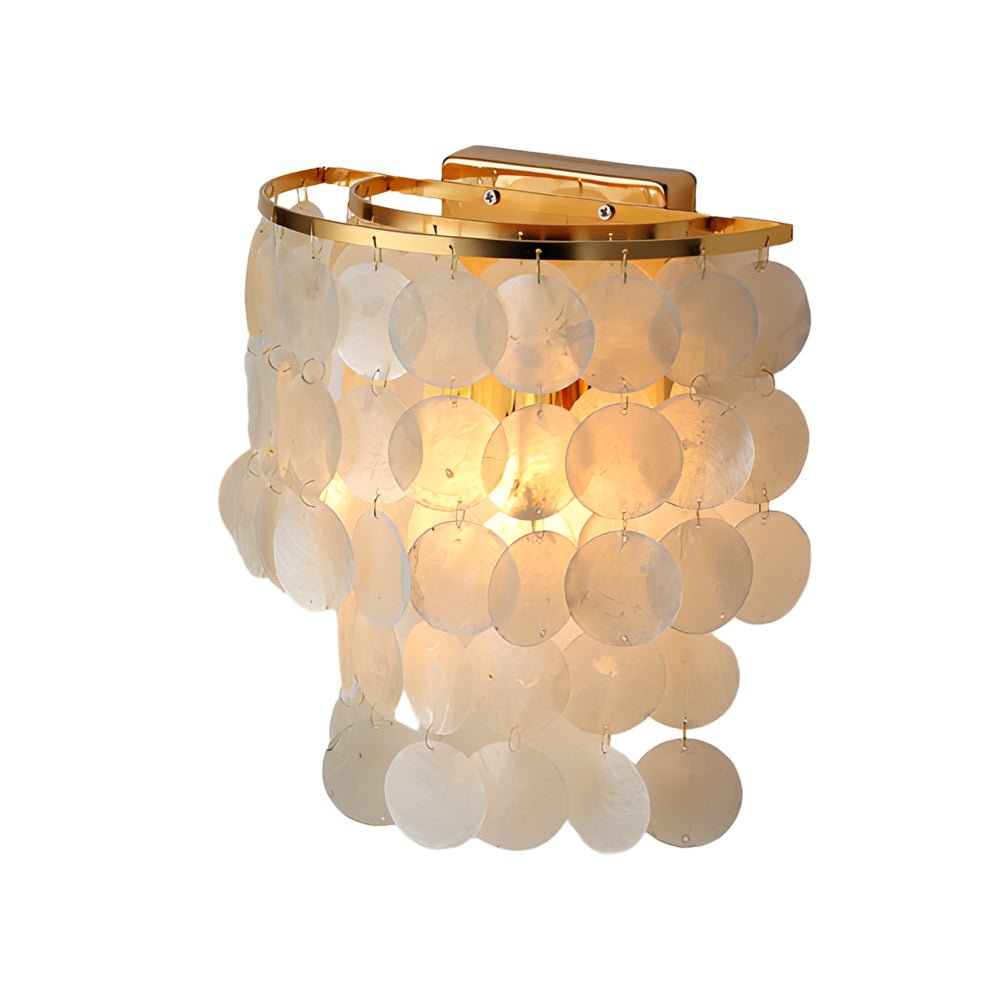 led metallic wall sconce with goldchrome finish and coastal capiz shell for bedside lighting