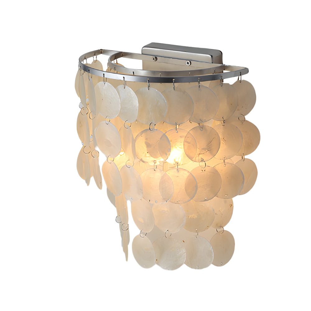 led metallic wall sconce with goldchrome finish and coastal capiz shell for bedside lighting