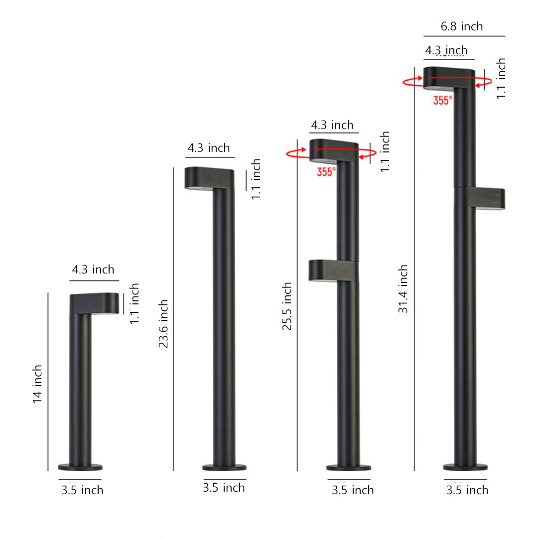 Modern LED Pathway Bollard Light — Sand-Black Aluminum, Transparent Glass, 3000K, IP65, 8W–16W, 350mm–800mm