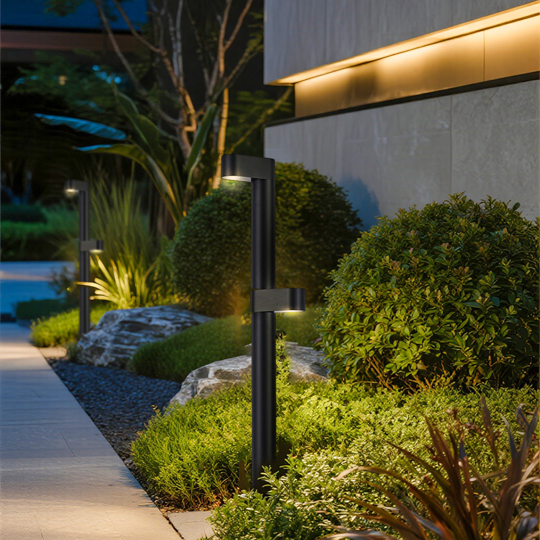 Modern LED Pathway Bollard Light — Sand-Black Aluminum, Transparent Glass, 3000K, IP65, 8W–16W, 350mm–800mm