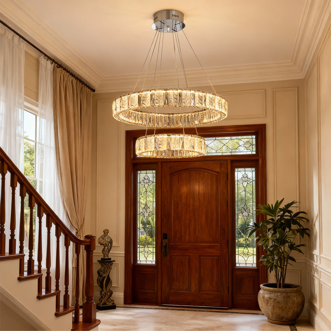 Ring LED Crystal Chandelier — Stainless Steel, Dual-Color 3000K/6000K, Single or Double Ring, 50–80cm