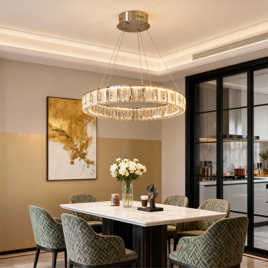 Ring LED Crystal Chandelier — Stainless Steel, Dual-Color 3000K/6000K, Single or Double Ring, 50–80cm