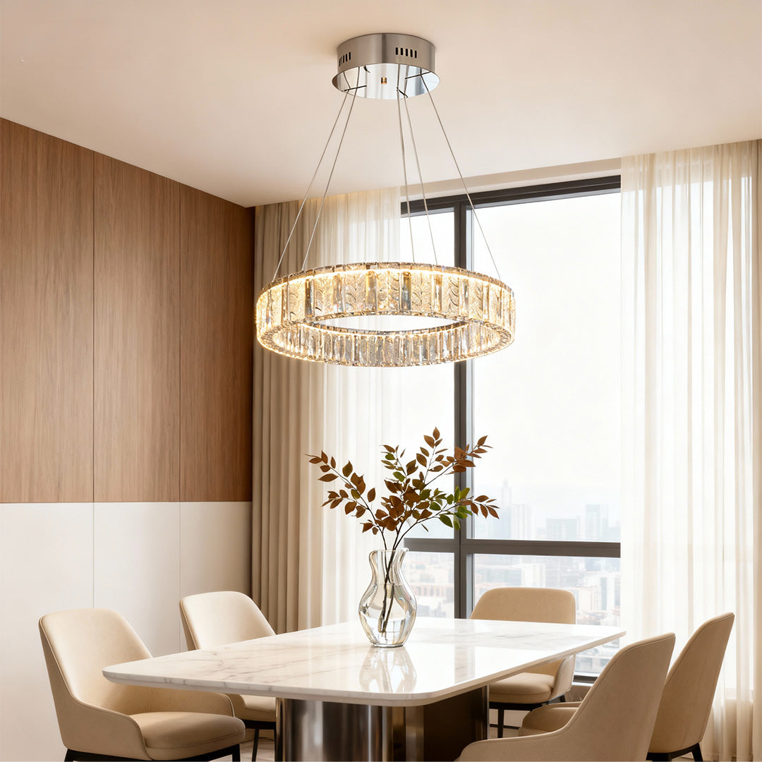 Ring LED Crystal Chandelier — Stainless Steel, Dual-Color 3000K/6000K, Single or Double Ring, 50–80cm