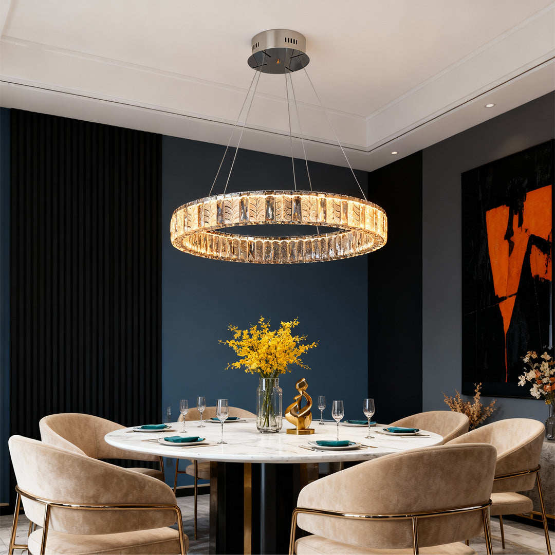 Ring LED Crystal Chandelier — Stainless Steel, Dual-Color 3000K/6000K, Single or Double Ring, 50–80cm