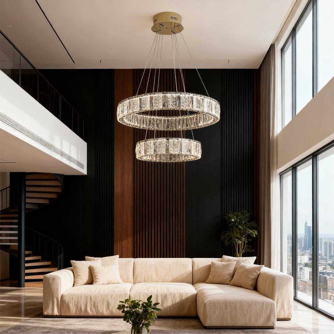 Ring LED Crystal Chandelier — Stainless Steel, Dual-Color 3000K/6000K, Single or Double Ring, 50–80cm