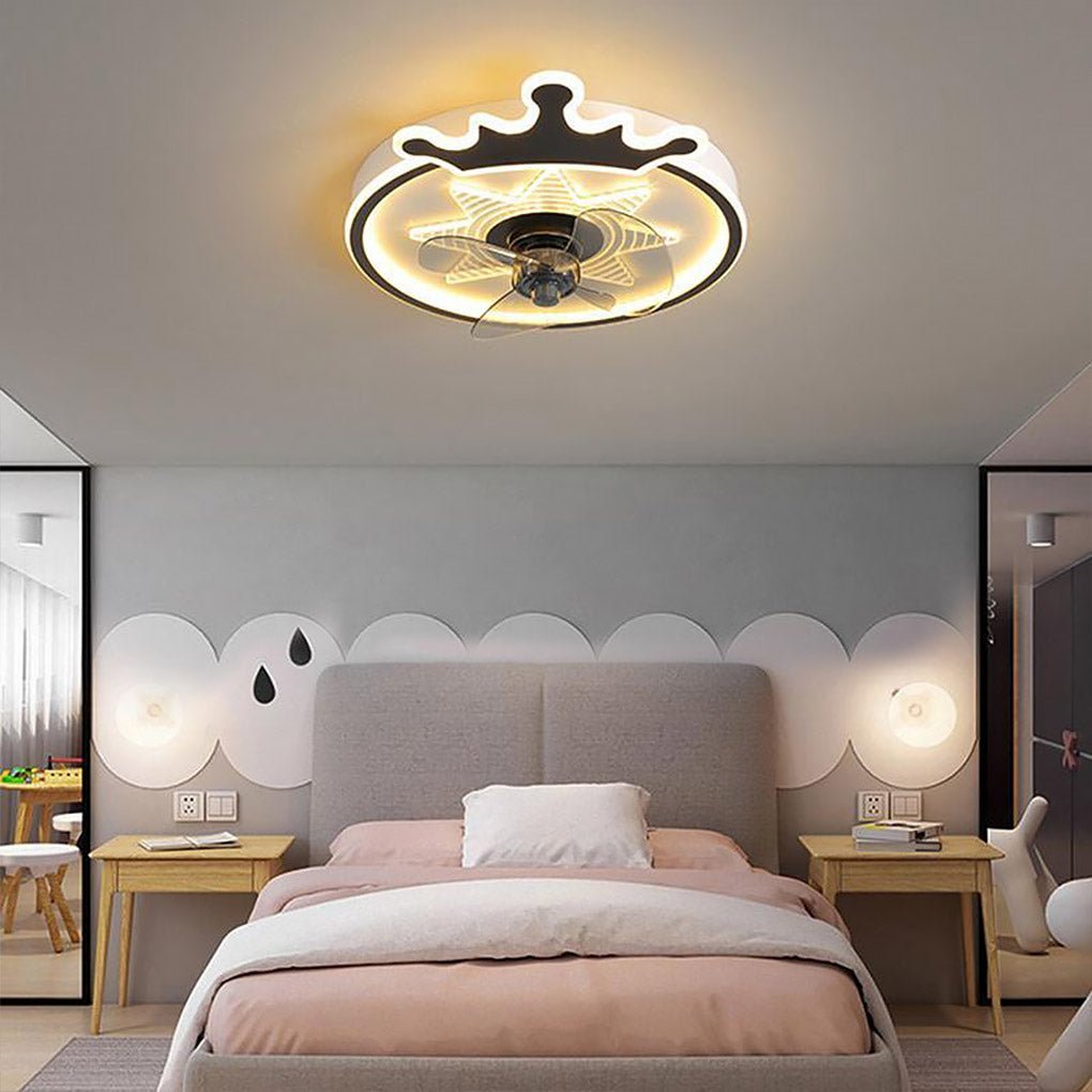 led round crown shaped flush mount ceiling fans for kids with remote control