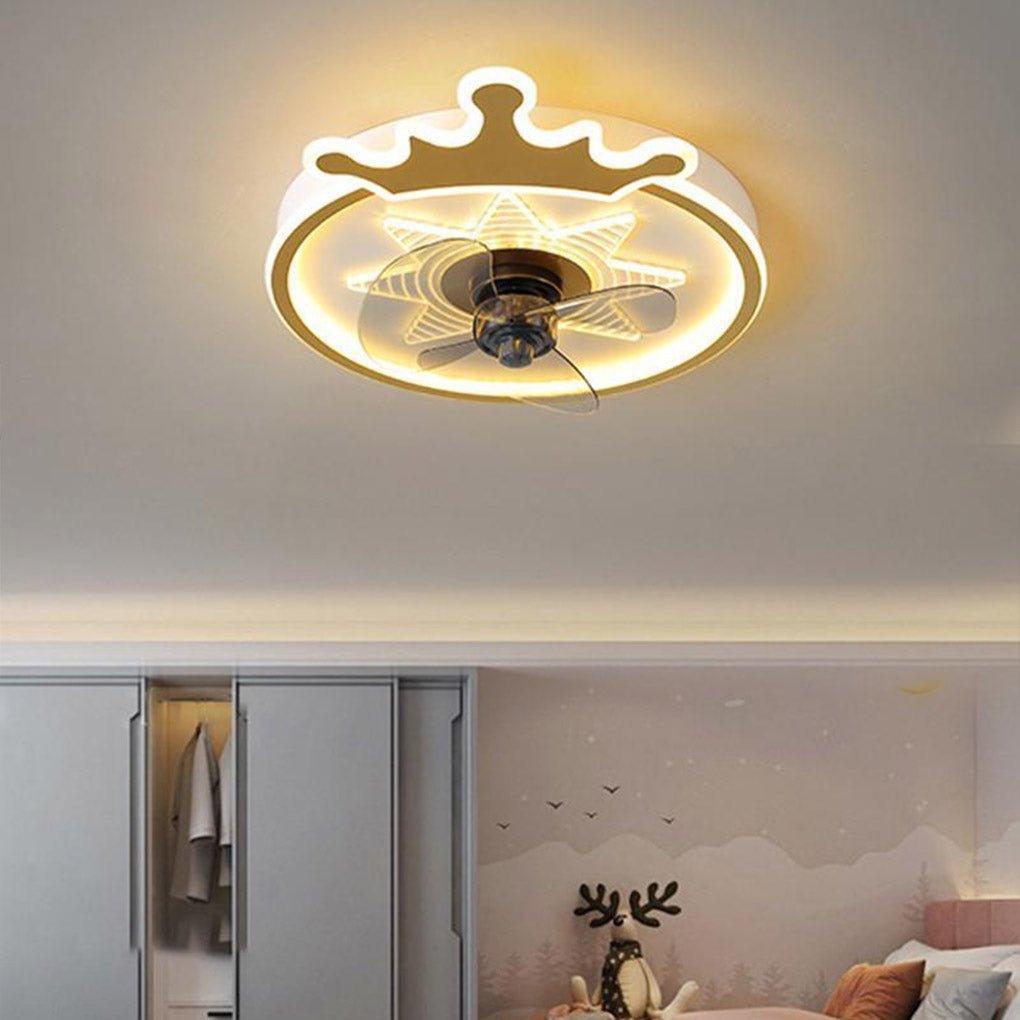 led round crown shaped flush mount ceiling fans for kids with remote control