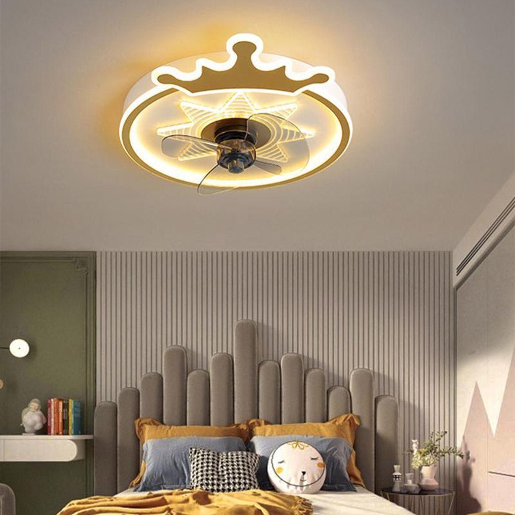 LED Round Crown-Shaped Flush Mount Ceiling Fans for Kids with Remote Control