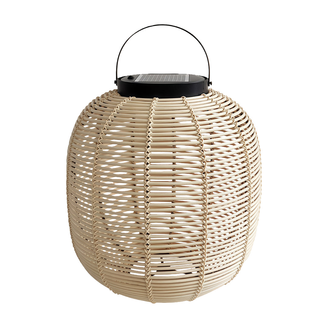 Wicker-Weave Solar Outdoor Lantern — Iron Frame, 7W LED, IP65, Warm White 3000K