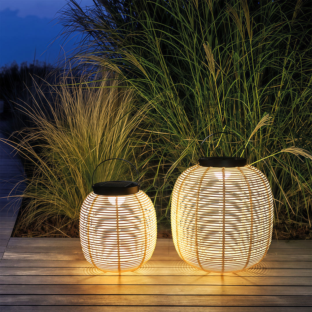 Wicker-Weave Solar Outdoor Lantern — Iron Frame, 7W LED, IP65, Warm White 3000K