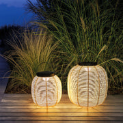 Wicker-Weave Solar Outdoor Lantern — Iron Frame, 7W LED, IP65, Warm White 3000K