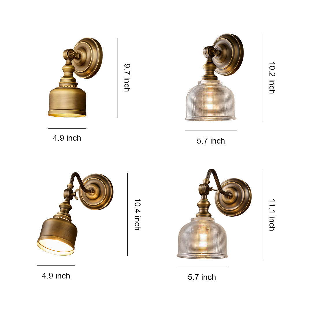 Retro Solid Brass Wall Sconce — Hardwired, E14, Brass or Brass-and-Glass Shade, 4 Models