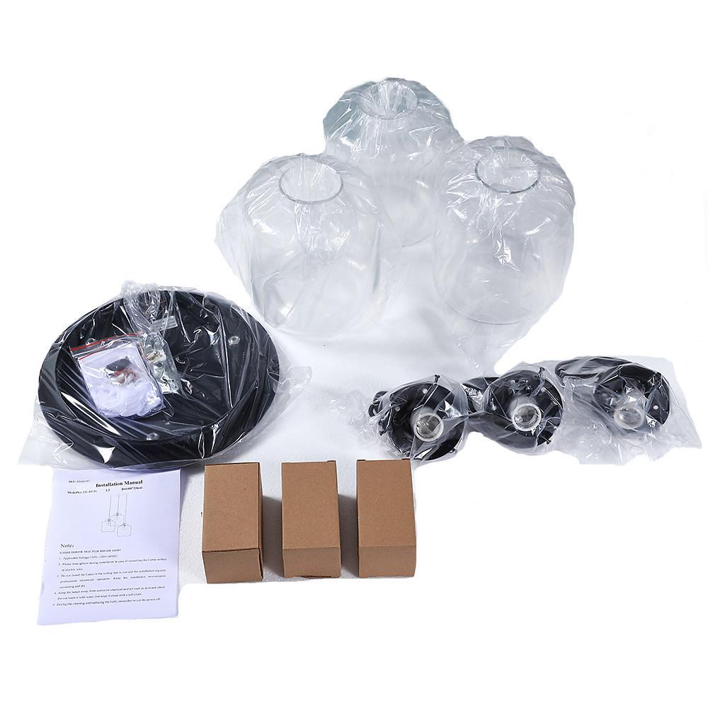 3-Light Industrial Glass Foyer Chandelier — Metal, Clear Glass Shades, 40W, 3000K