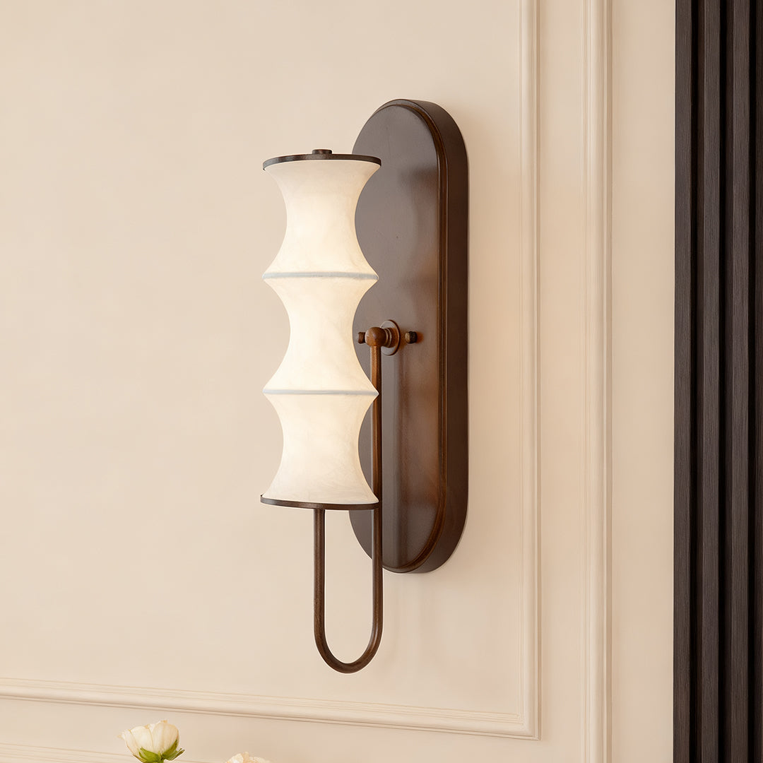 Bamboo Node Wall Sconce — Walnut-Finish Metal, Silk Shade, 8W LED 3000K, 19.7"