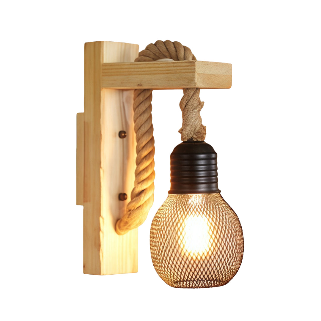 Rustic Iron Mesh Wall Sconce — Jute Rope and Wood Accents, 4W LED E27, Hardwired, Warm White 3000K