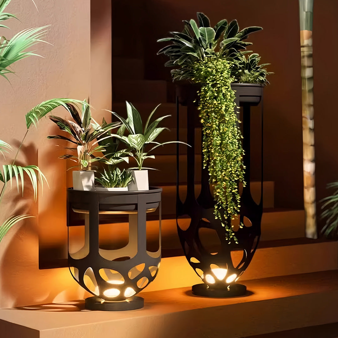 Lighted Outdoor Planter — Black Iron, White PE Shade, Warm LED, IP54, Solar / Hardwired, 19.7" or 37.4" Height