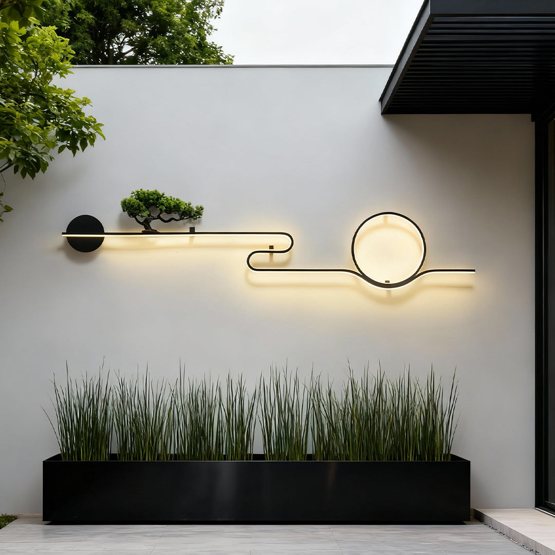 Resin Tree & Moon Outdoor Wall Sconce — Black Aluminum, LED, 20W/26W/30W, 3000K, IP65 Weatherproof