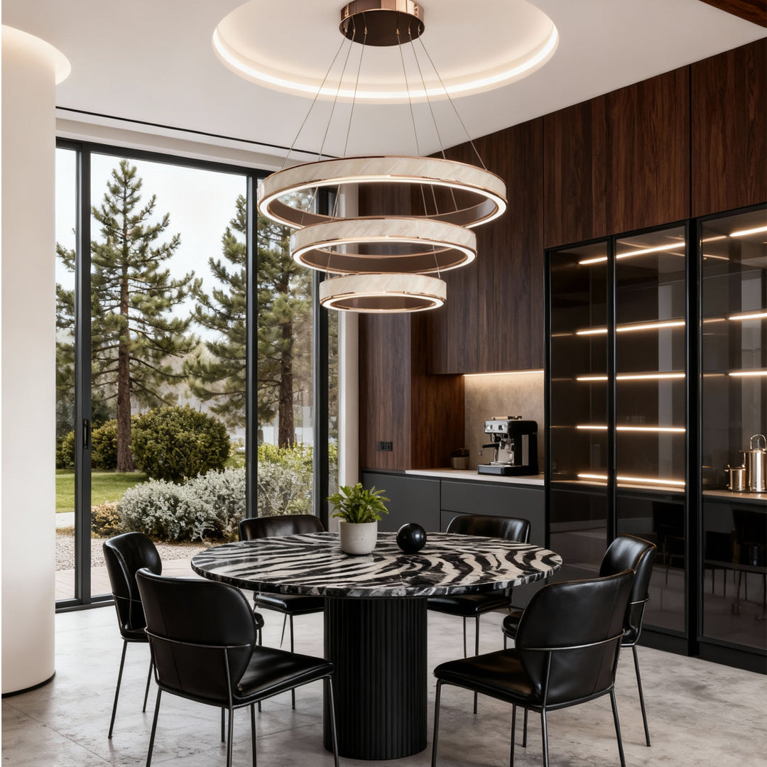 Round Tiered Chandelier — Champagne Gold Aluminum, 3-Step Dimming, Single/Double/Triple Layer, 59.1" Chain