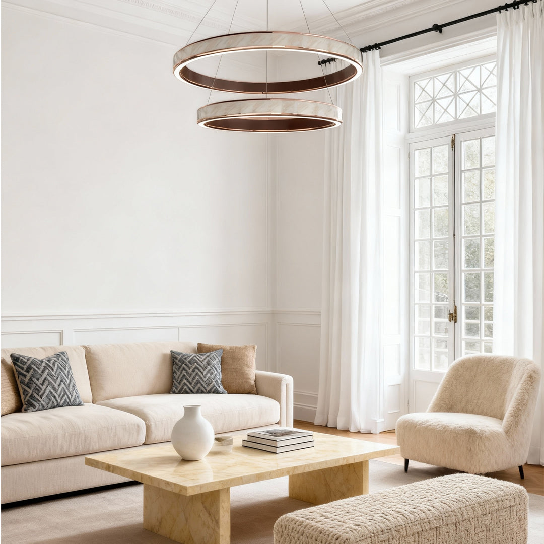 Round Tiered Chandelier — Champagne Gold Aluminum, 3-Step Dimming, Single/Double/Triple Layer, 59.1" Chain