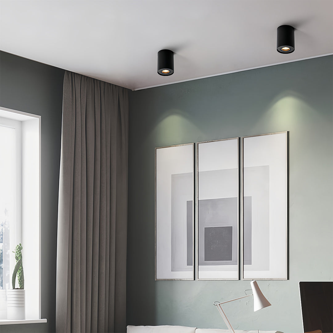 Cylindrical Surface-Mount Downlight — Black Aluminum, COB LED, 5W–7.5W, 38° Beam, 3-Color Dimming
