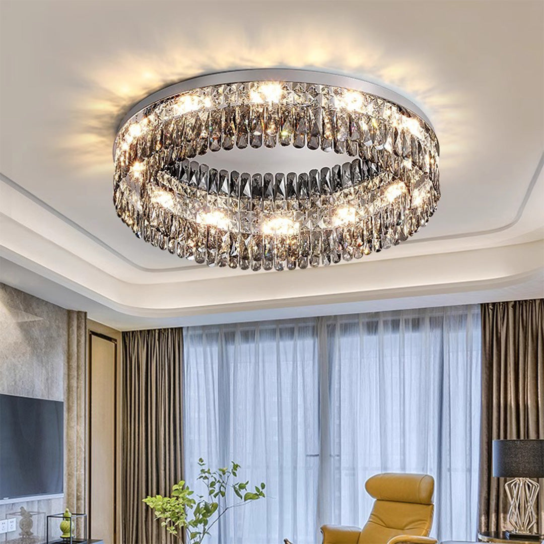 French Crystal Round LED Flush Mount — Polished Stainless Steel, K9 Crystal, 3-Step Dimming, 45cm / 60cm / 80cm