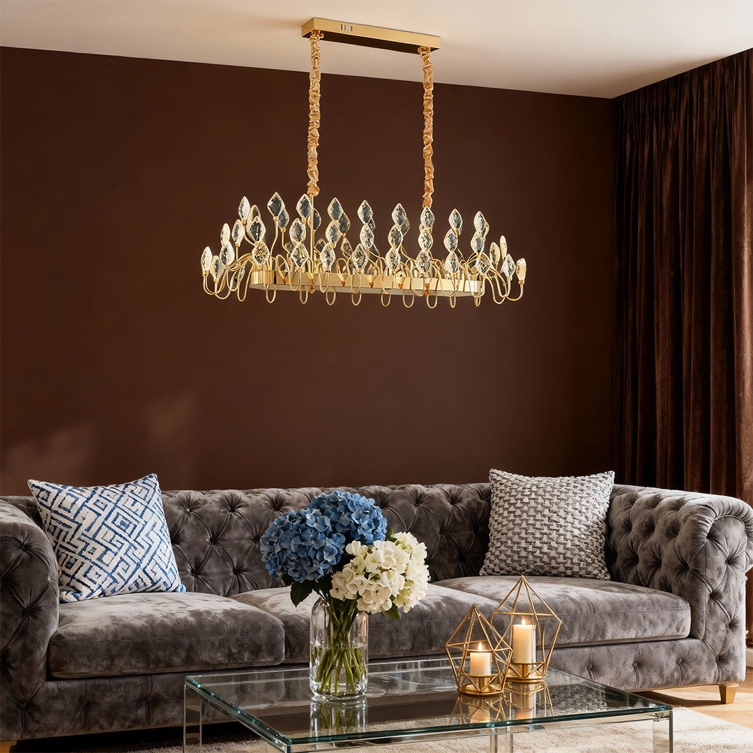 French Art Deco Crystal Chandelier — Gold Iron, LED, 3-Step Dimming, Round or Long, 23.6"–47.2"