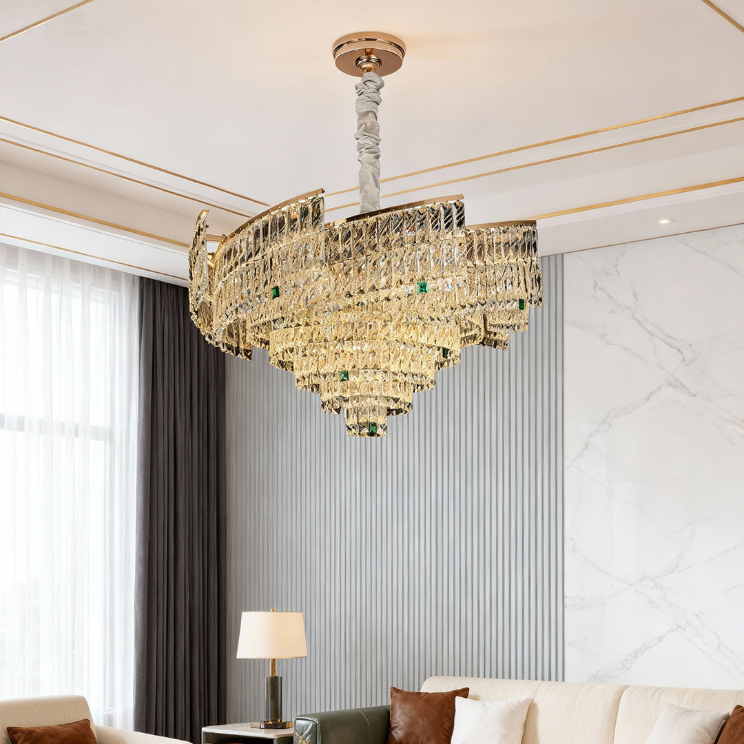 Crystal Pendant Chandelier — Champagne Gold-Plated Carbon Steel, Three-Color Dimming, LED, Adjustable Hanging Length