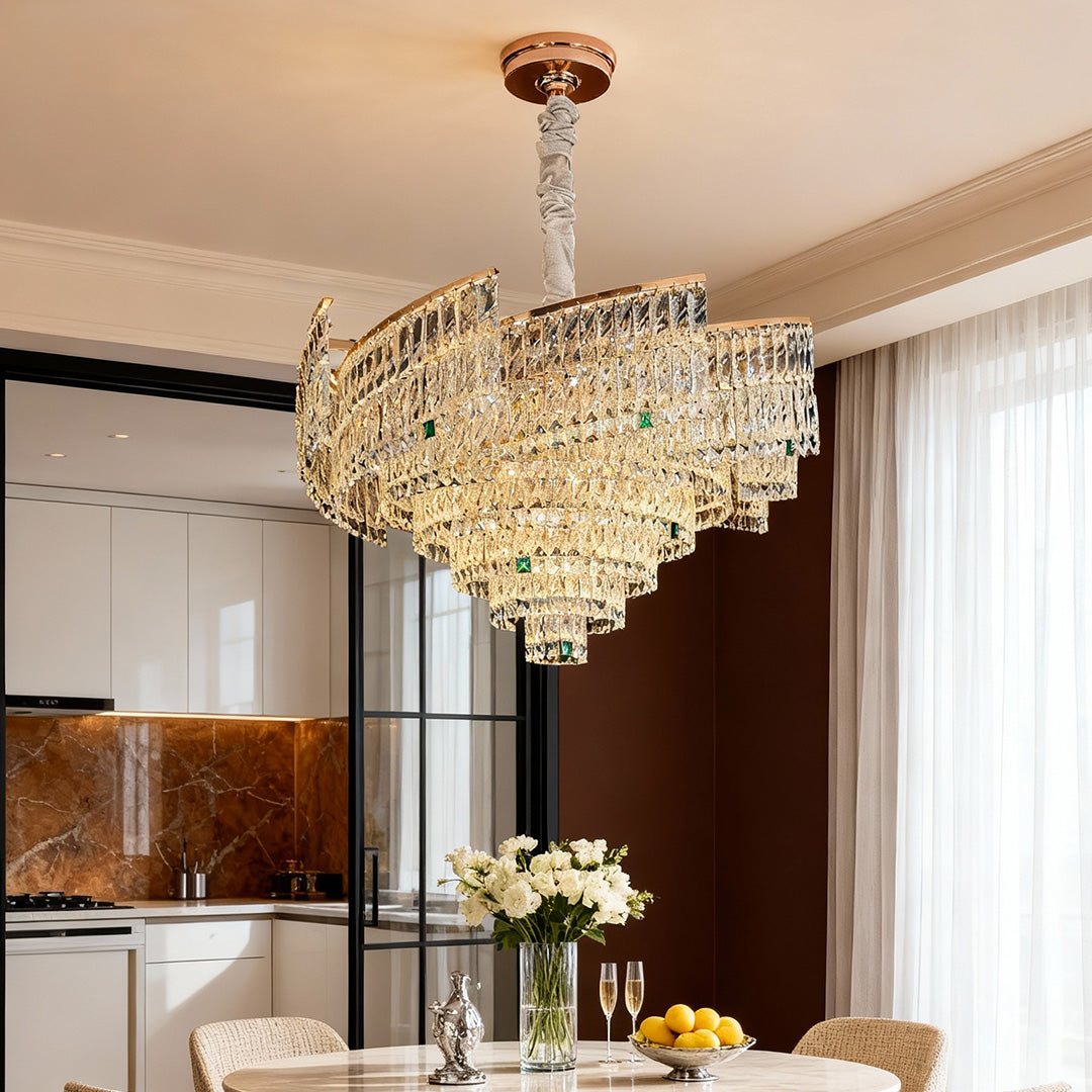 Crystal Pendant Chandelier — Champagne Gold-Plated Carbon Steel, Three-Color Dimming, LED, Adjustable Hanging Length