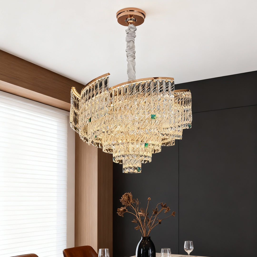 Crystal Pendant Chandelier — Champagne Gold-Plated Carbon Steel, Three-Color Dimming, LED, Adjustable Hanging Length