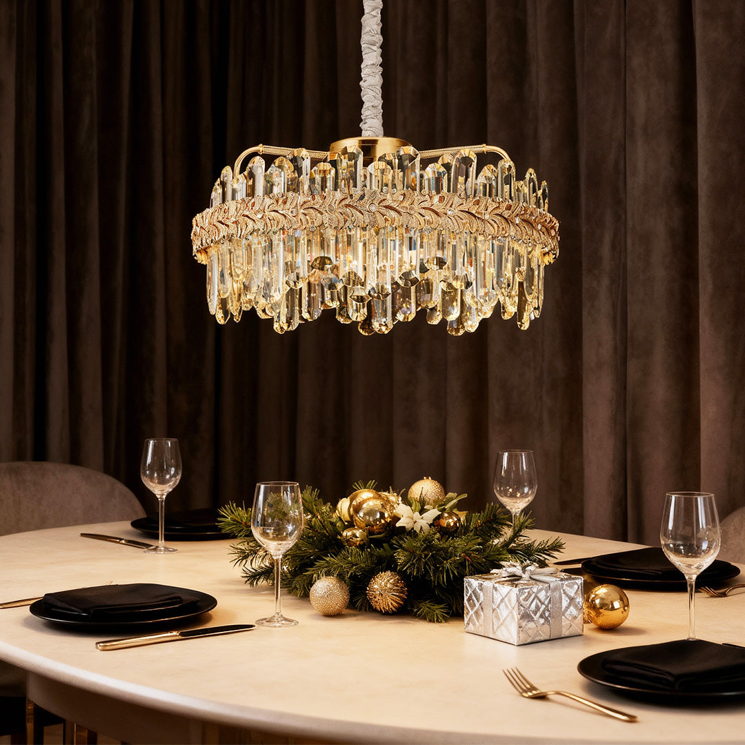 Crystal Chandelier — Champagne Gold-Plated Steel, Tri-Color LED, Single, Double, or Oval Layer, 6 Sizes