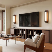 Minimalist Iron Wall Sconce — Acrylic Shade, 18W LED, 3-Step Dimming, Walnut / Wood Finish