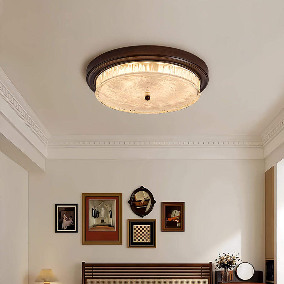 Vintage Round Flush-Mount Ceiling Light — Wood-Grain Iron & Glass, 48W–54W, Three-Color Dimming
