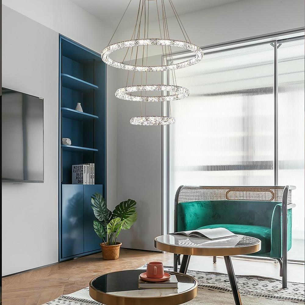 Tiered Crystal Ring Chandelier — Metal & Crystal, LED 3000K, 3-Ring or 4-Ring, 39" Adjustable Cord