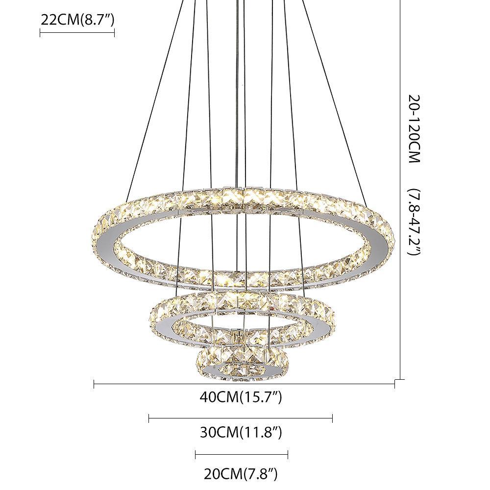 Tiered 3-Ring Crystal Chandelier — Chrome, 40.5W LED, Dimmable, Remote Control, 16" Diameter