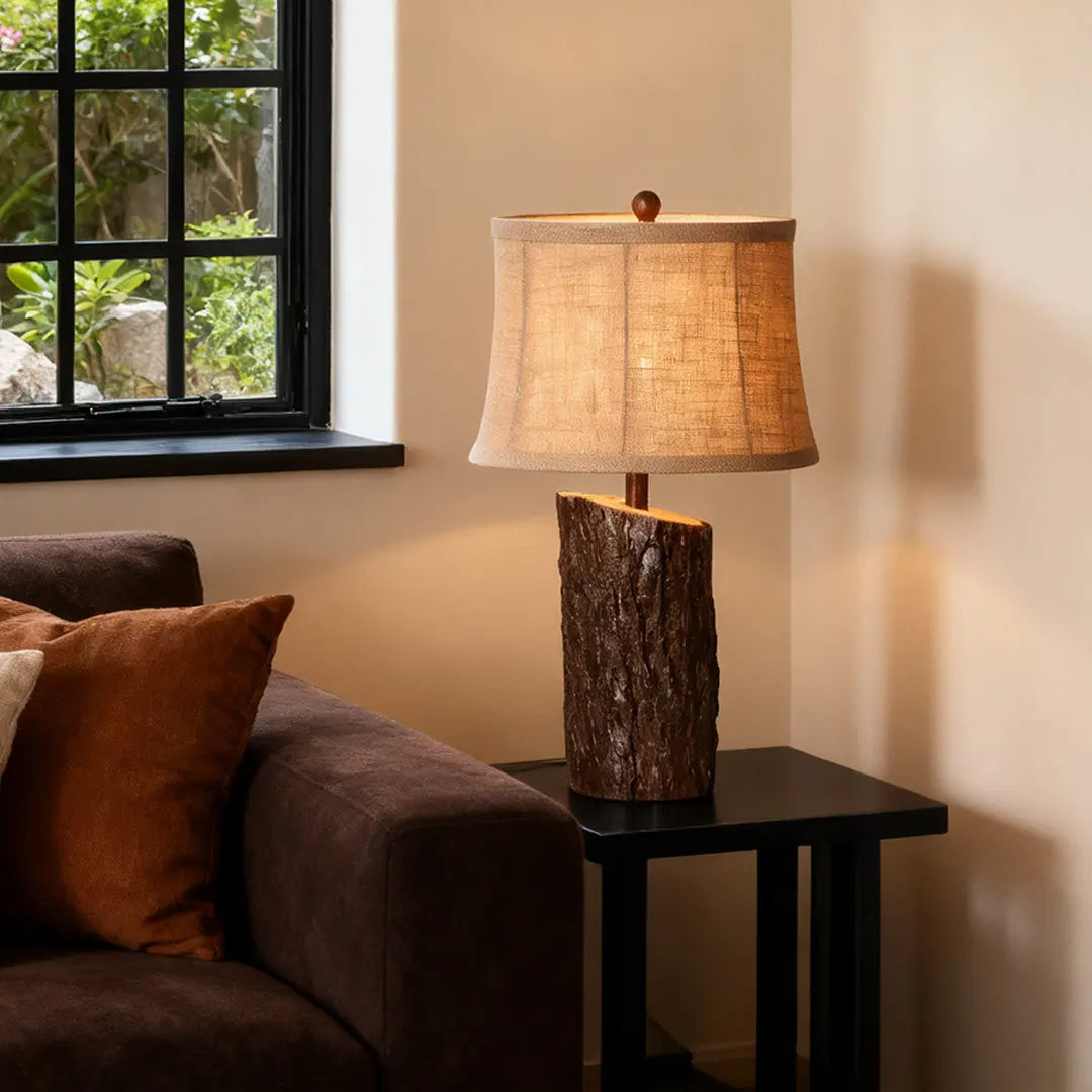Bark-Textured Fabric Shade Faux Wood Table Lamp for Nightstands Luxe