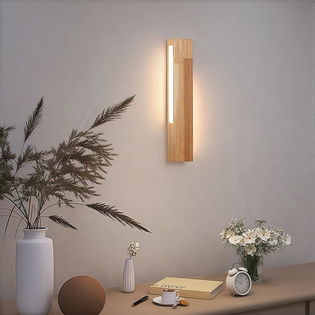 Japandi Diffused Wall Sconce — Aluminum and Rubberwood, 8W LED, 3-Step Dimming (3000K/4500K/6000K), Hardwired