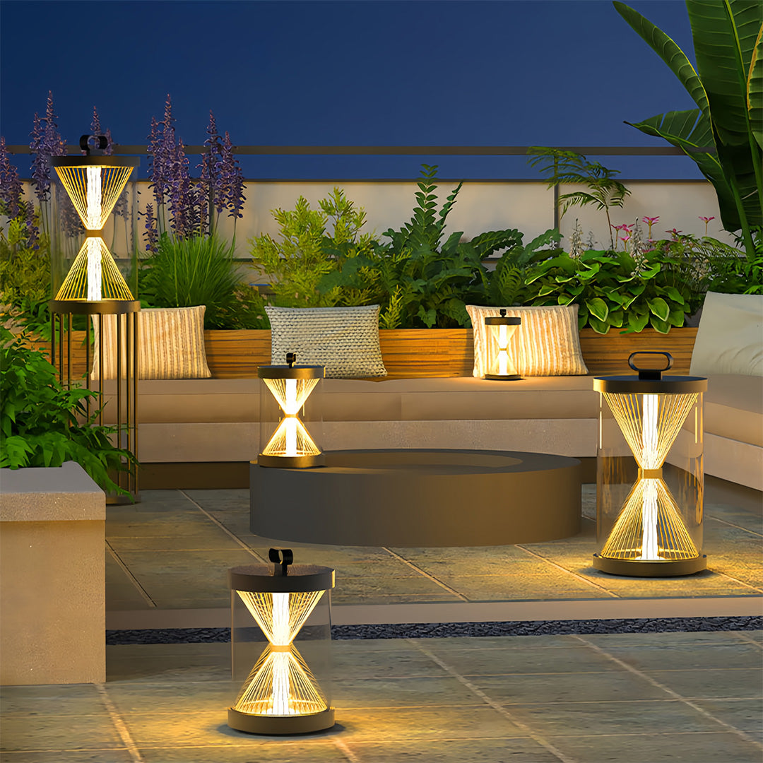 Hourglass Portable Outdoor Lantern — Black Stainless Steel, IP65, Plug-in or Solar, 13.2" / 23.6"