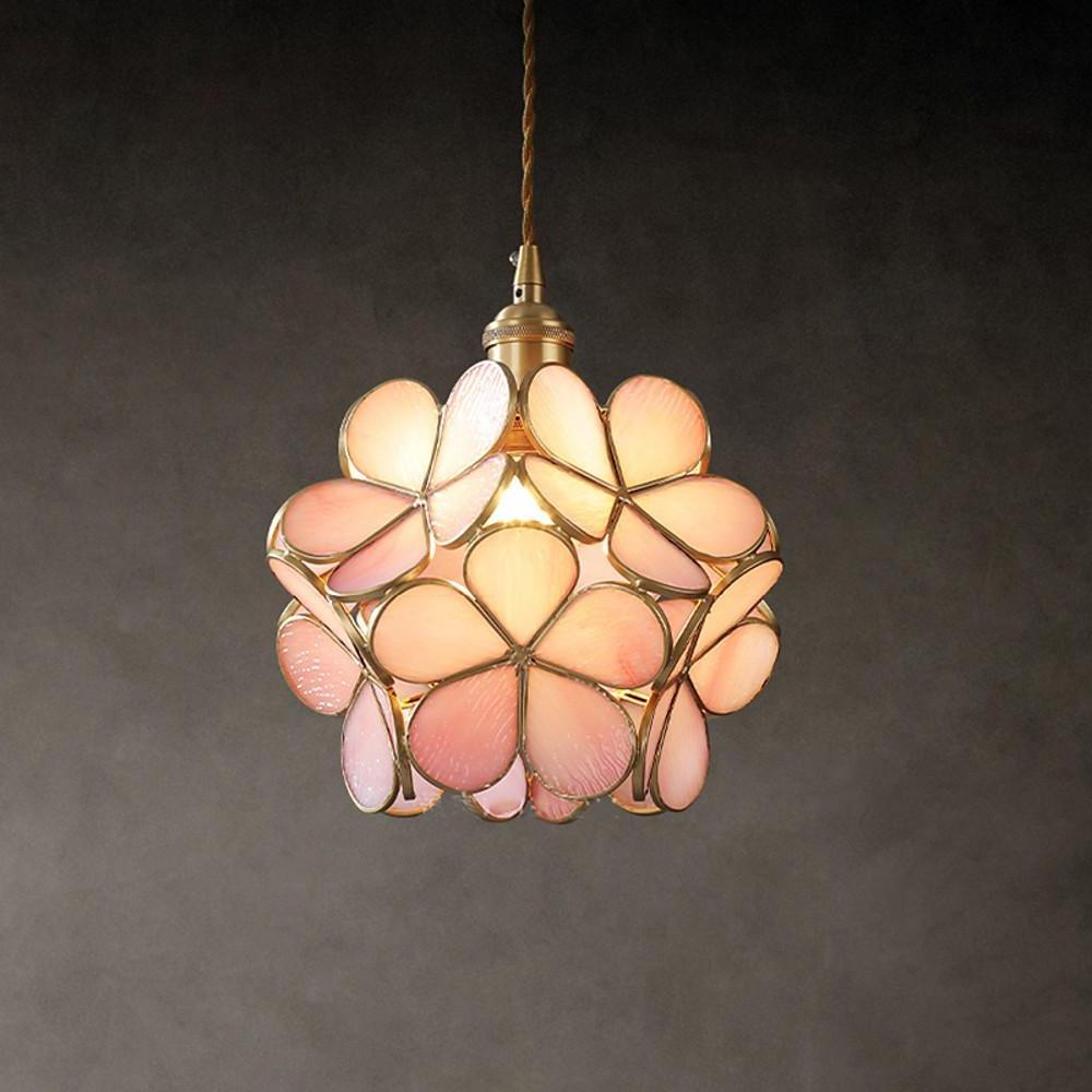 Flower Pattern Glass Mini Pendant — Copper, 8" Diameter, Adjustable 39" Cord