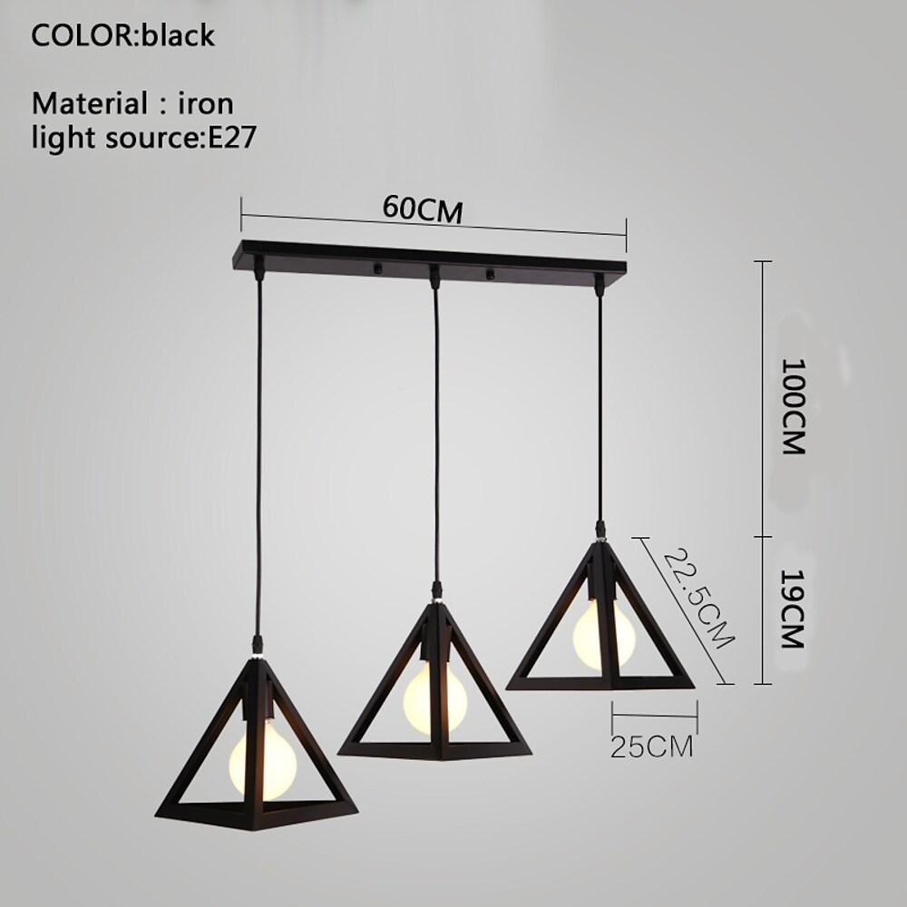 Geometric 3-Light Pendant Chandelier — Black Metal, Vintage Industrial, Adjustable, LED E27, 24" Wide