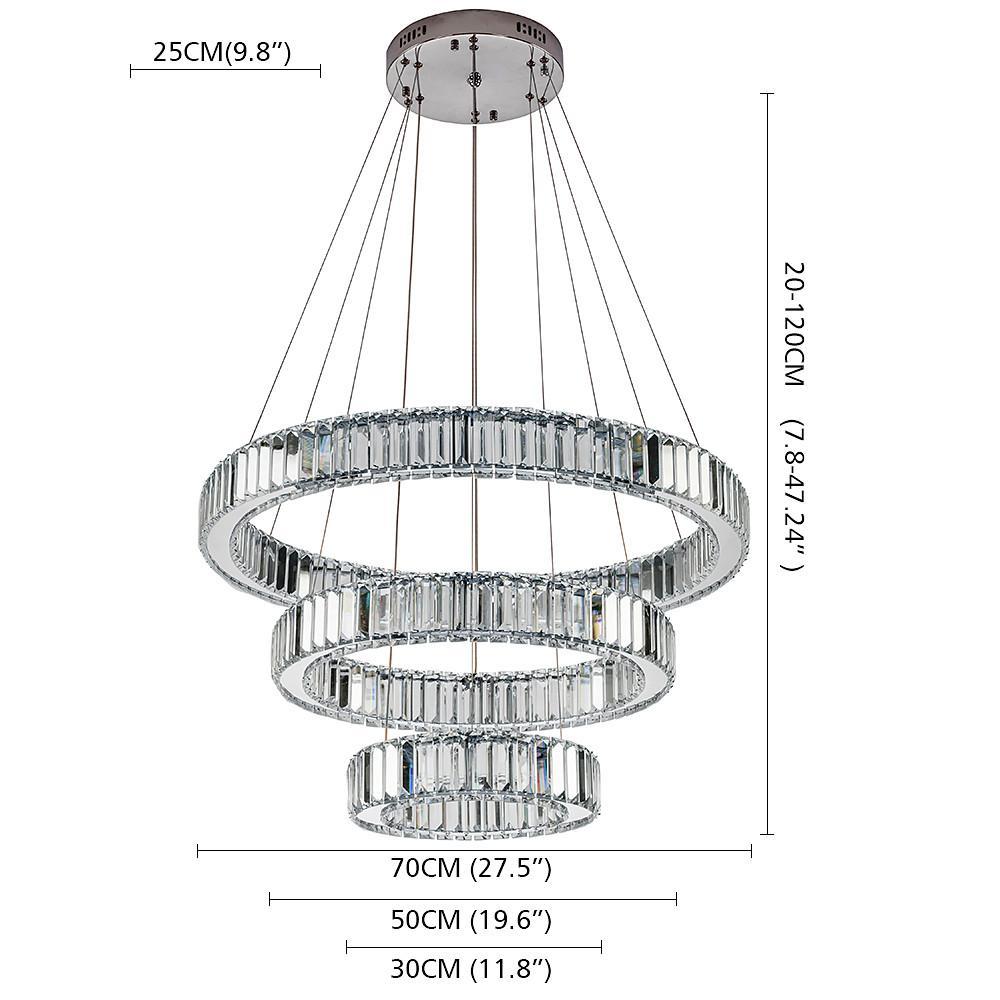 3-Tier Ring Chandelier — Polished Chrome and Crystal, LED, 28" Diameter, Adjustable Height