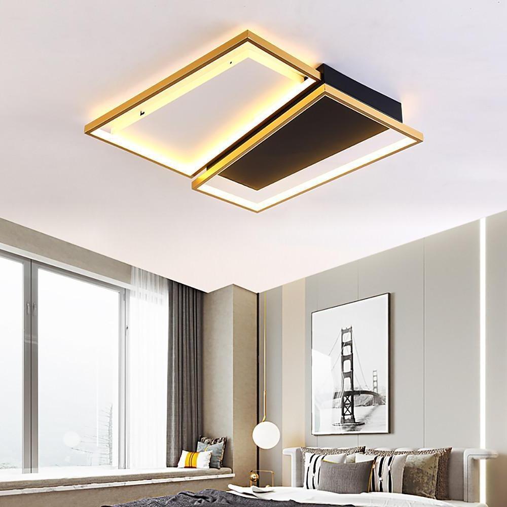 Geometric Rectangle and Round LED Flush-Mount Chandelier — Black and Gold, 3-Step Dimming, Multiple Sizes