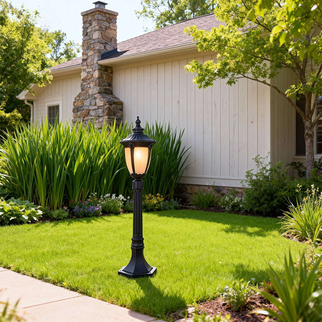 Traditional European Garden Post Light — Black Aluminum, Clear Glass, 9W E26, IP44 Weatherproof