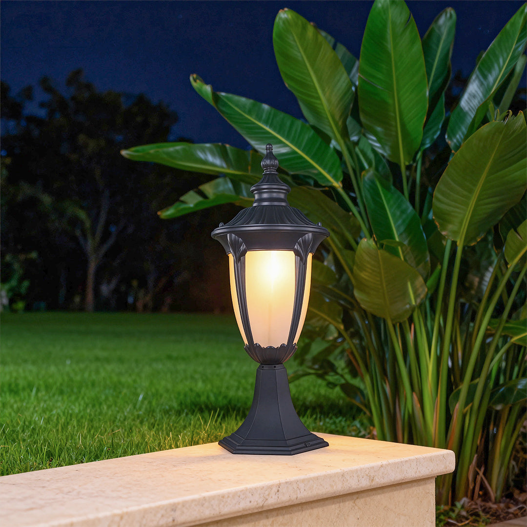 Minimalist Outdoor Pillar Light — Cast Aluminum, Sand-Black, 9W E26, IP44 Waterproof, 16.5" H