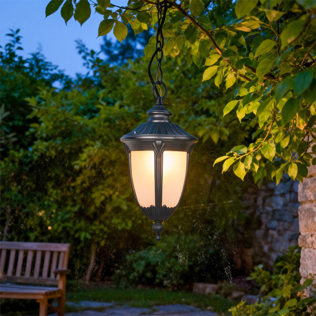 Black Aluminum Outdoor Porch Pendant Light — Glass Shade, 9W, IP44, 80cm Adjustable Chain