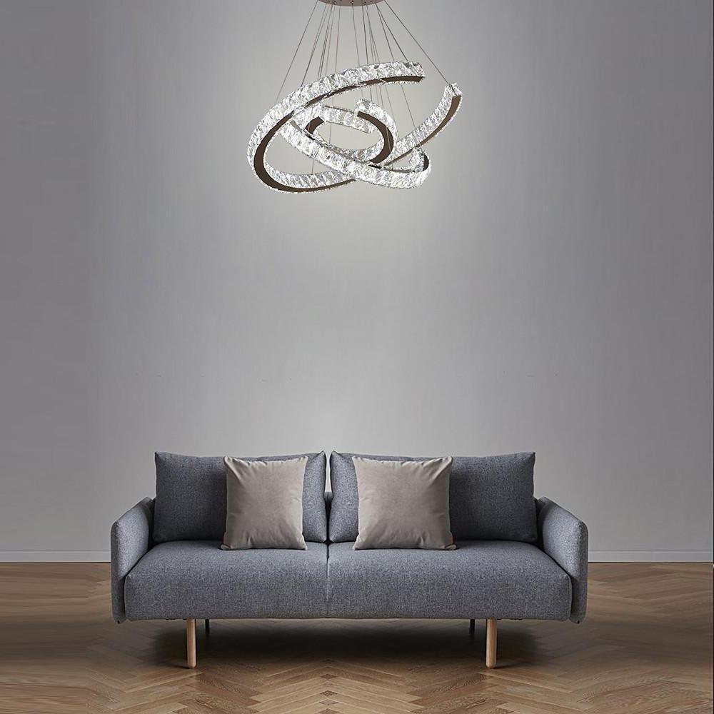 Crystal Wave Chandelier — Stainless Steel, 3-Light LED, 24" Wide, Adjustable 39" Cord