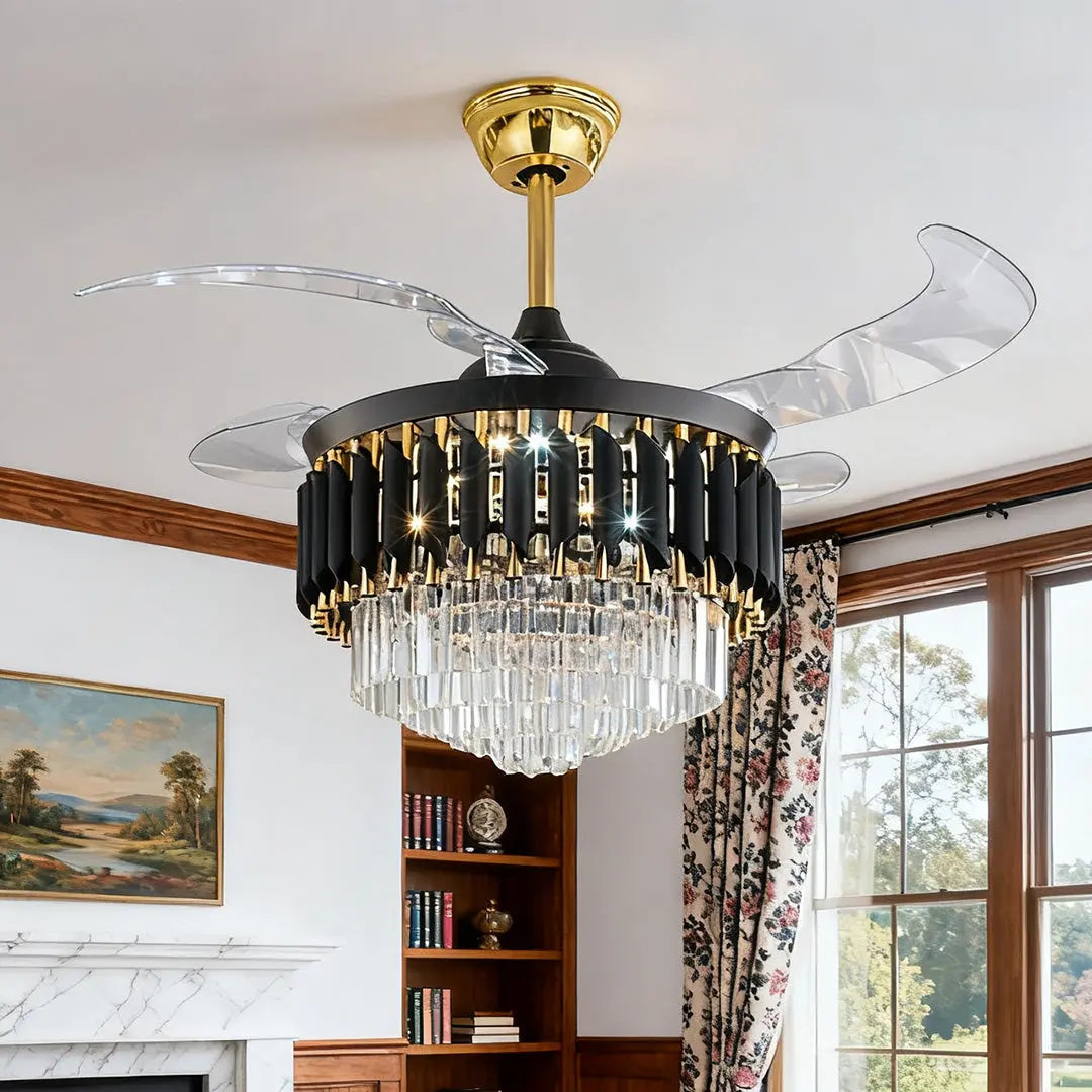 Luxury Black Ceiling Fan with Light and Transparent PC Blades, Iron Construction Luxe