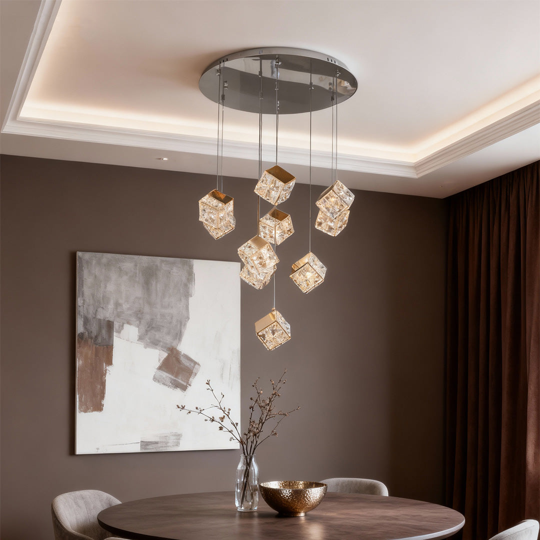 Rubik's Cube Crystal Chandelier — Champagne Gold, LED, 3-Step Dimming, 59.1" Chain, 6- to 17-Head