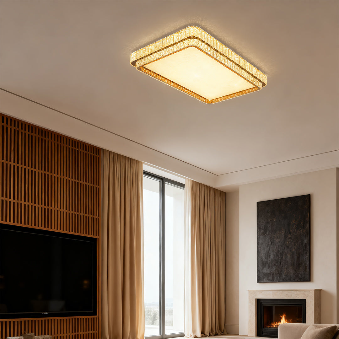 Modern Crystal Flush-Mount — Stainless Steel, Chrome, Full-Spectrum Eye-Care LED, Three-Color Dimming, Round / Square / Rectangle