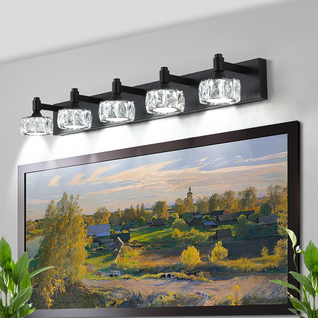 Modern Crystal Bathroom Vanity Light — Black Iron, 6000K LED, 30W, 4-, 5-, or 6-Light